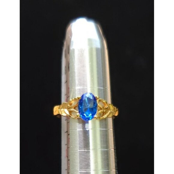 18K GFP Oval Blue Gemstone Ring With Intricate Band Size 2 - Dainty, Small - Picture 2 of 7